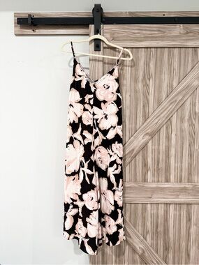 Millibon Black Floral Slip Jumpsuit with Blush Pink Flowers - Pockets